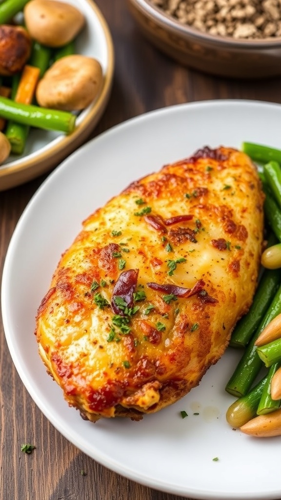 Juicy air fryer unbreaded chicken breast on a plate with steamed vegetables and herbs.